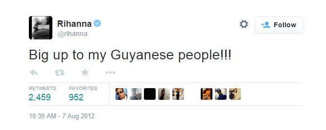 Ri Ri showed love to her Guyanese people on Twitter in 2012.